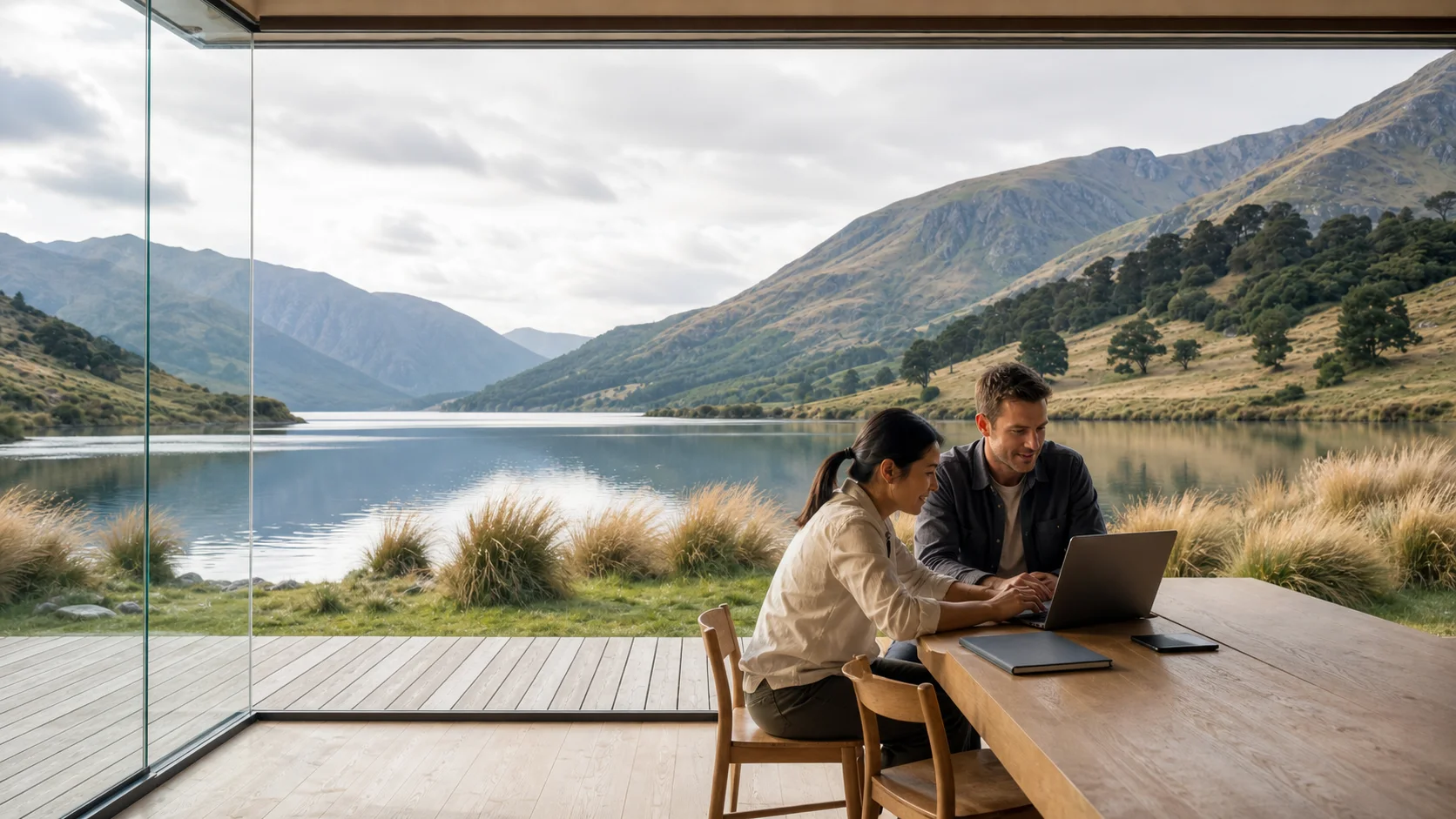 Two accommodation specialists planning a direct-booking channel beside a South Island lake
