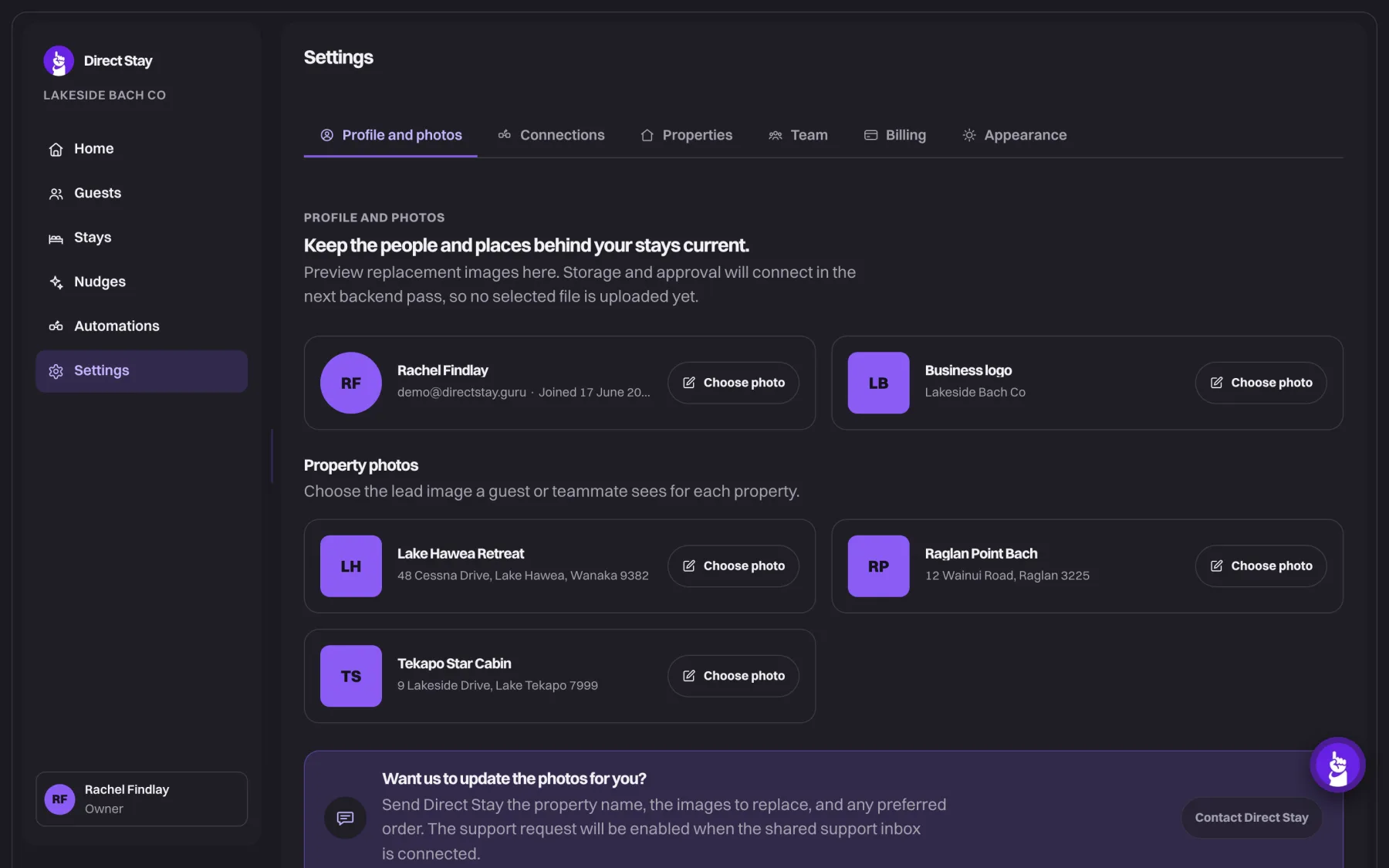 Direct Stay CRM settings screen with profile and photos, connections, properties, team, billing and appearance tabs