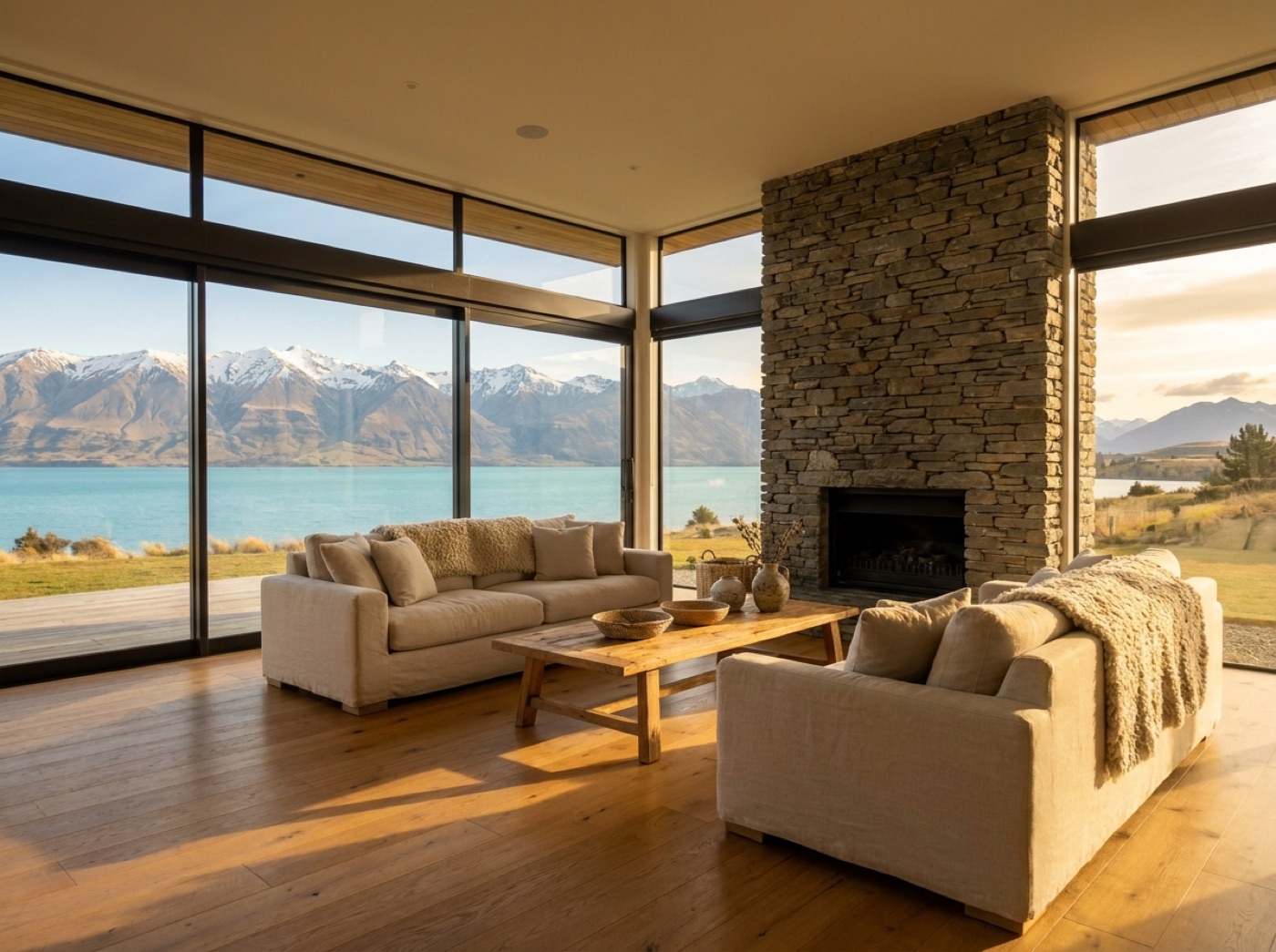Lakefront living space prepared for a direct-booking website